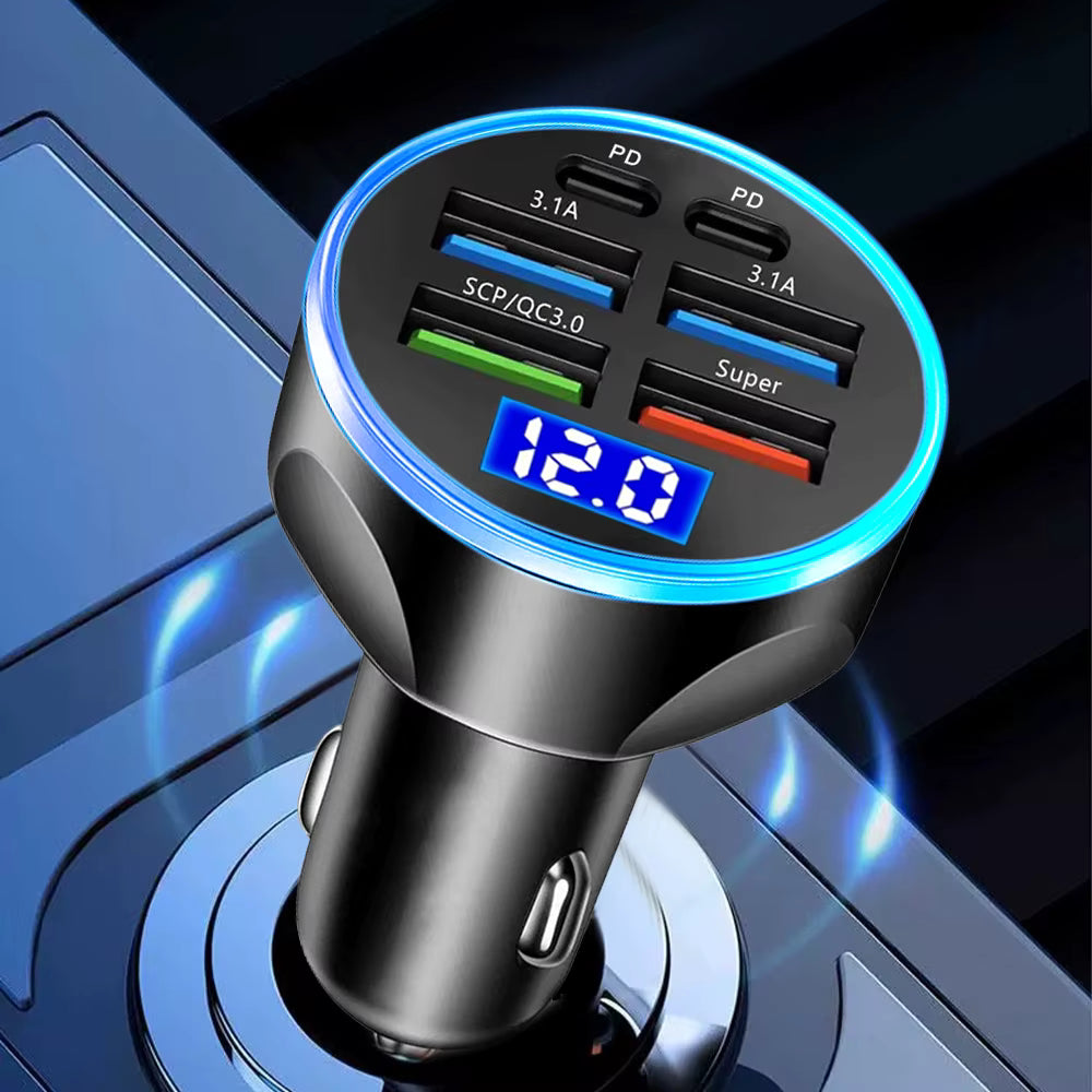 66-250W PD Car Charger QC3.0 Fast Charge One to Six Car