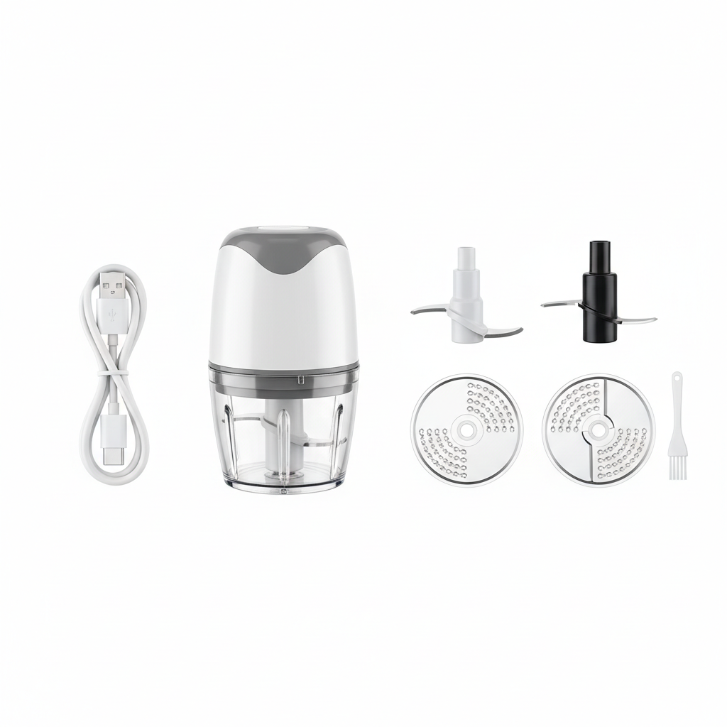 Electric Vegetable Chopper flat lay with accessories
