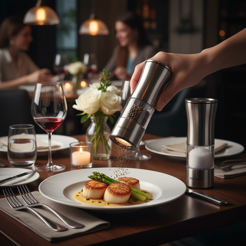 Salt and Pepper Grinder Set on dining table lifestyle