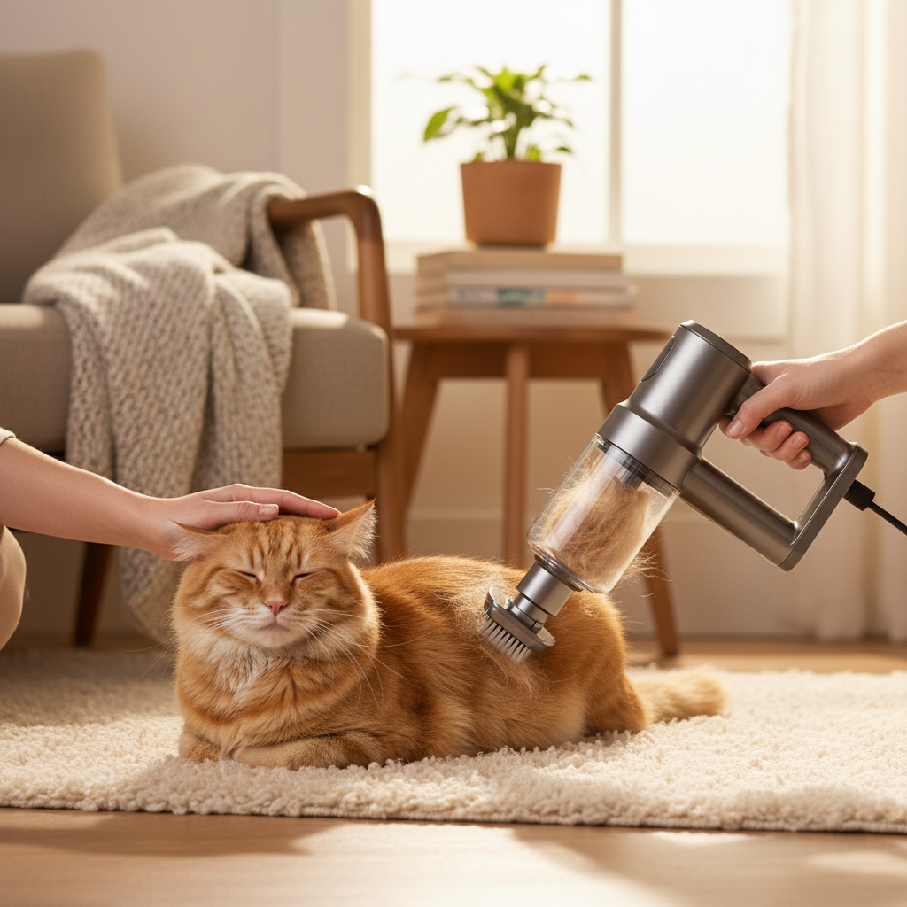 Pet Grooming Vacuum Kit being used on cat