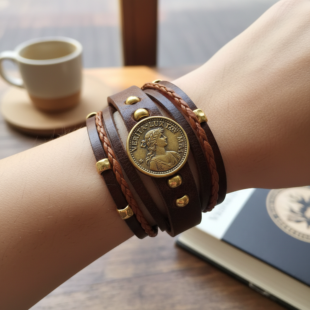 Vintage coin charm leather bracelet
