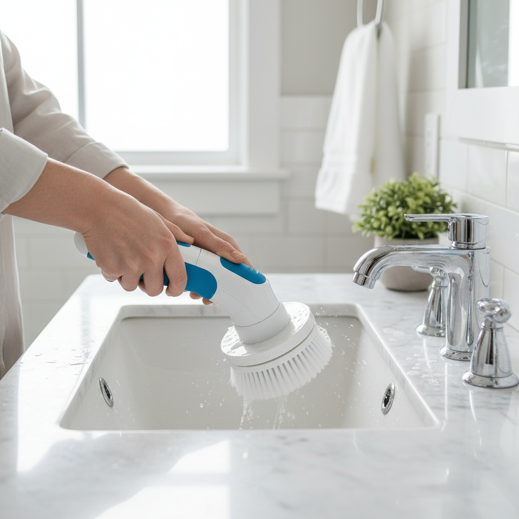 Electric Spin Scrubber cleaning bathroom sink lifestyle