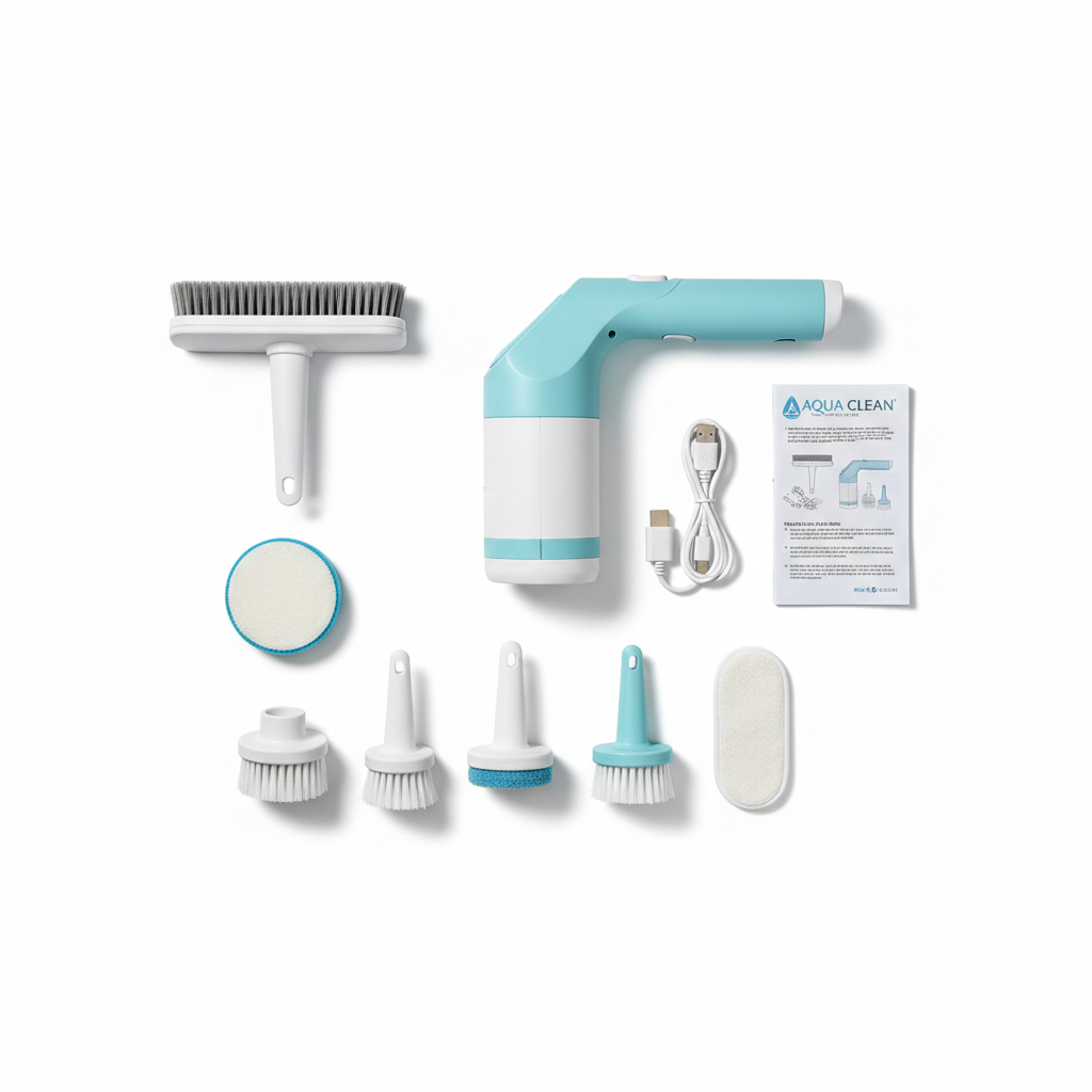 Electric Spin Scrubber flat lay with all accessories