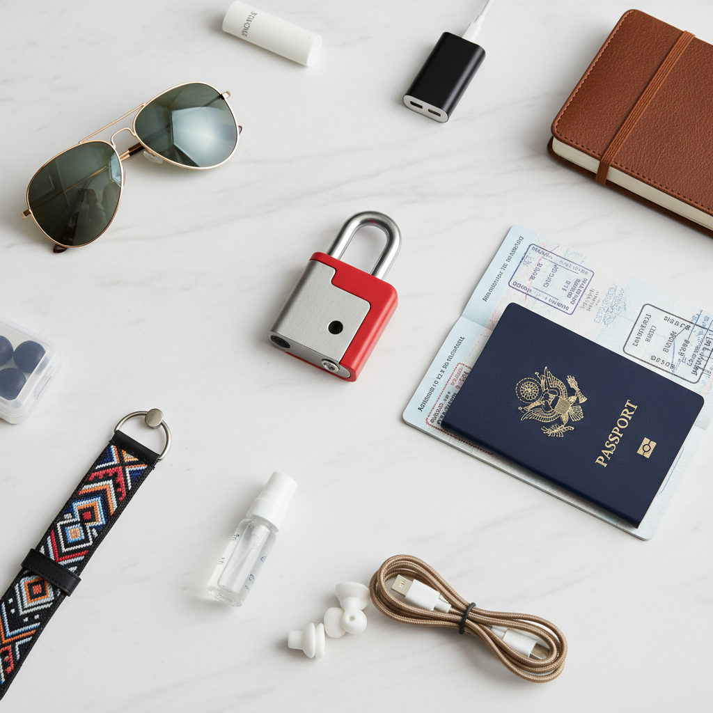 Travel door lock with passport flat lay