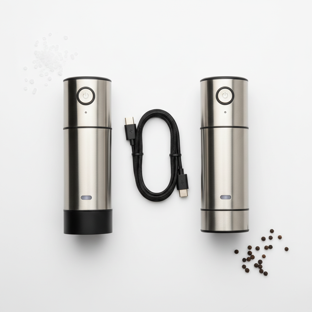 Salt and Pepper Grinder Set flat lay with USB cable