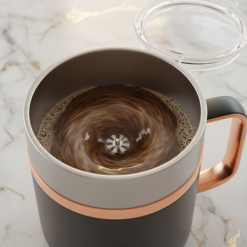 Self-Stirring Coffee Mug close up coffee swirling