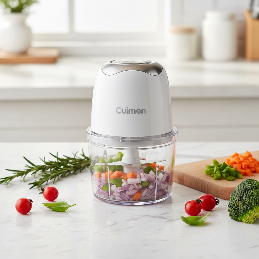 Electric Vegetable Chopper close up with chopped veggies