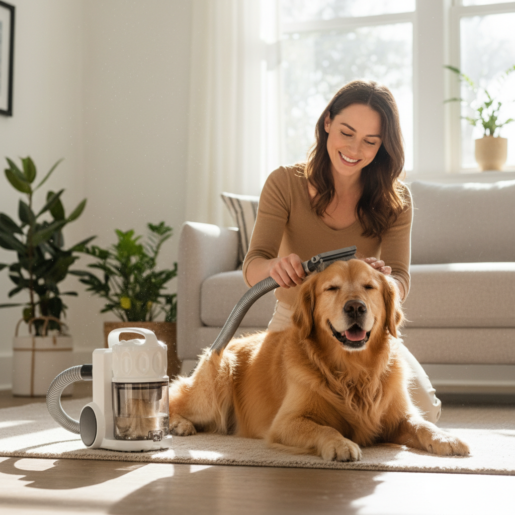 Pet Grooming Vacuum Kit being used on golden retriever