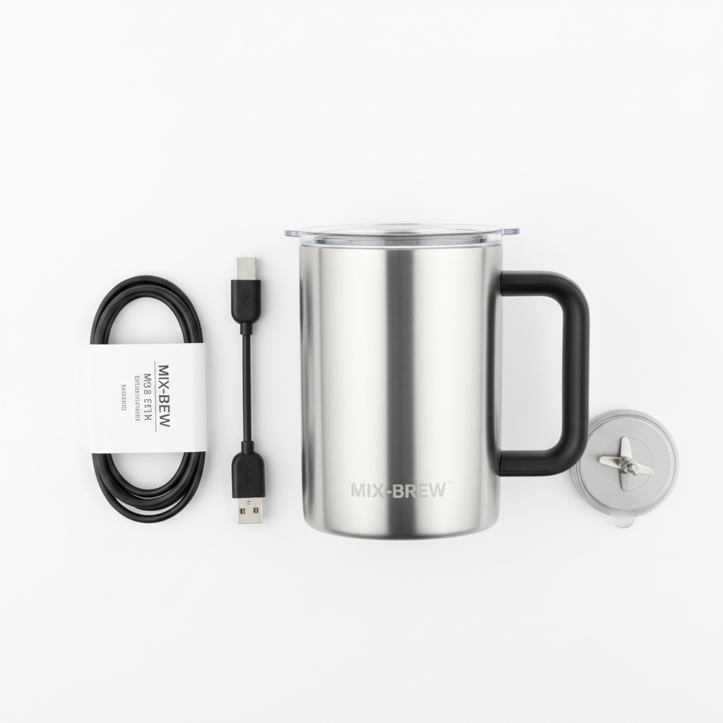 Self-Stirring Coffee Mug flat lay with accessories