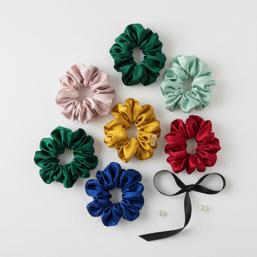 Silk scrunchie set flat lay