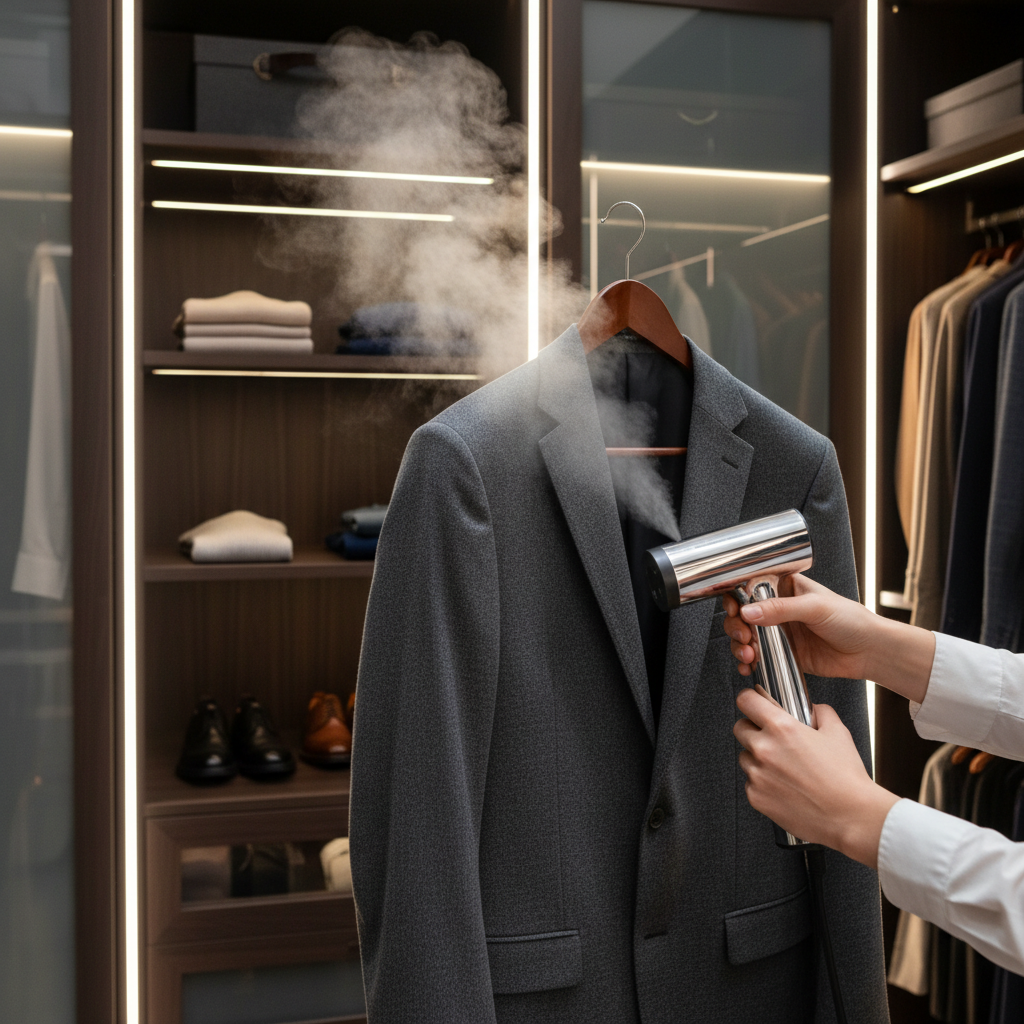 Portable Clothes Steamer on suit jacket