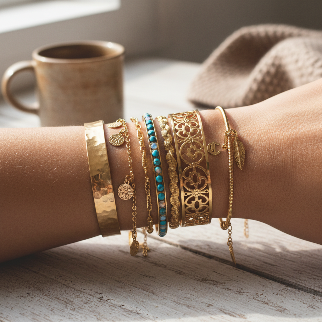 Stacked gold bracelets set