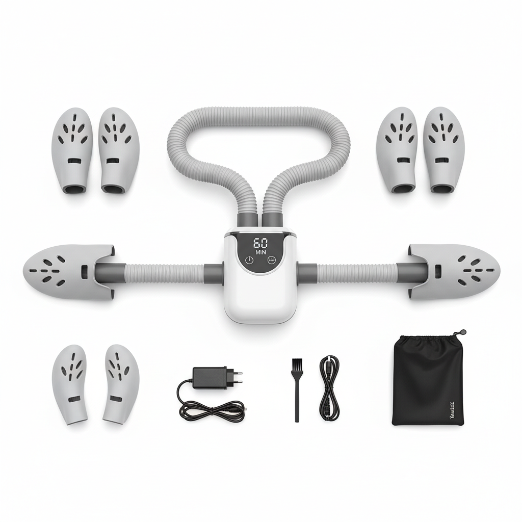 Electric Shoe Dryer flat lay with accessories