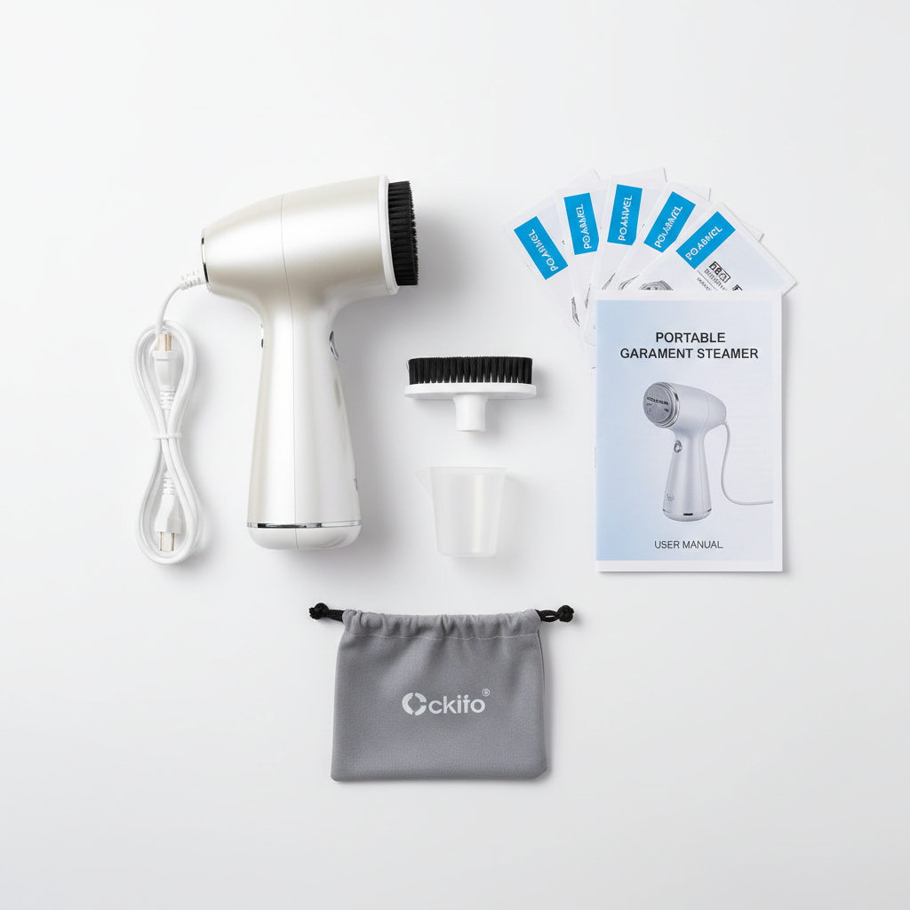 Portable Clothes Steamer flat lay with accessories