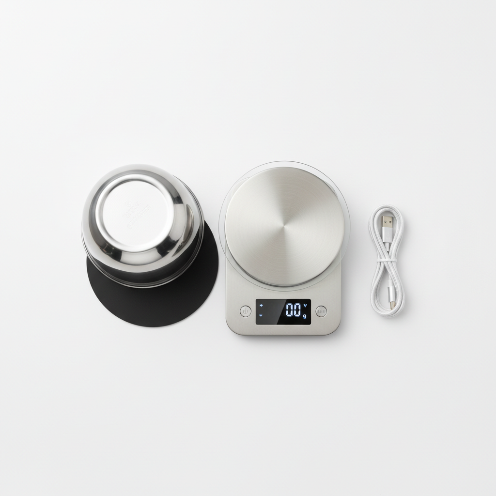 Smart Digital Kitchen Scale flat lay with accessories